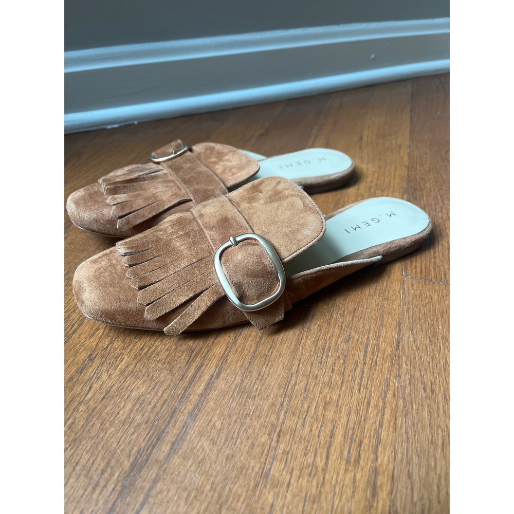M. Gemi Suede Fringe Buckle Mules Flats Tan Size 39